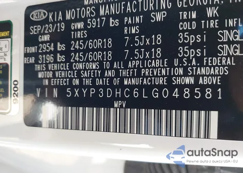 2020 Kia Telluride Ex z USA, uszkodzony, nr VIN 5XYP3DHC6LG048581